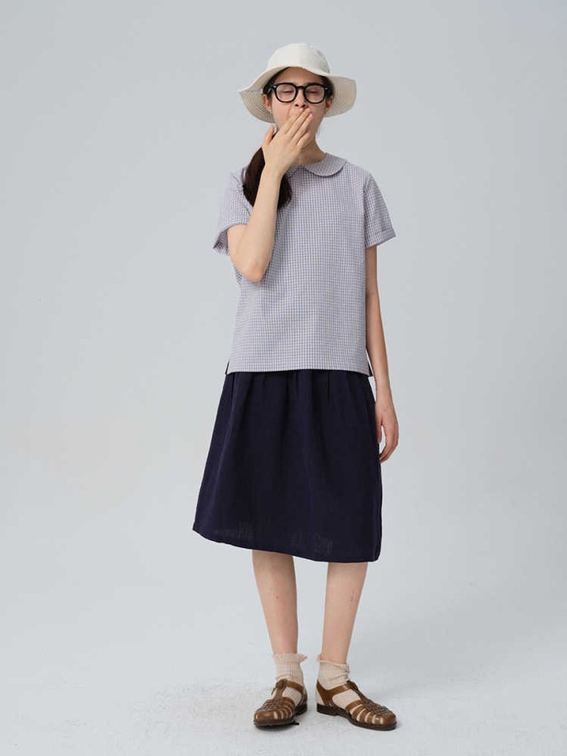 全棉清新小格子减龄圆领短袖衬衫 - 女装上衣 - 棉．麻 黑色