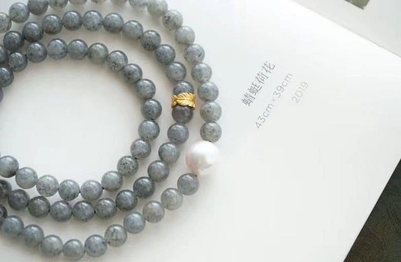 6mm天然和阗玉/和田玉 青花玉 珍珠羽毛隔珠设计多圈手串项链m - 手链/手环 - 玉石 黑色