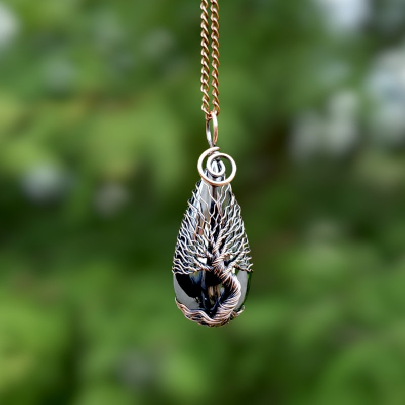 赤铁矿生命之树绕线吊坠，送给他/她的铜周年纪念礼物 - 项链 - 其他金属 银色