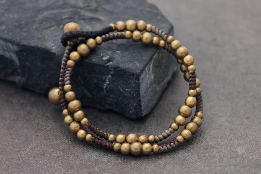 Cotton Hemp Beaded Wrap手链 棕色卡其色混纺编织手链 - 手链/手环 - 棉 咖啡色