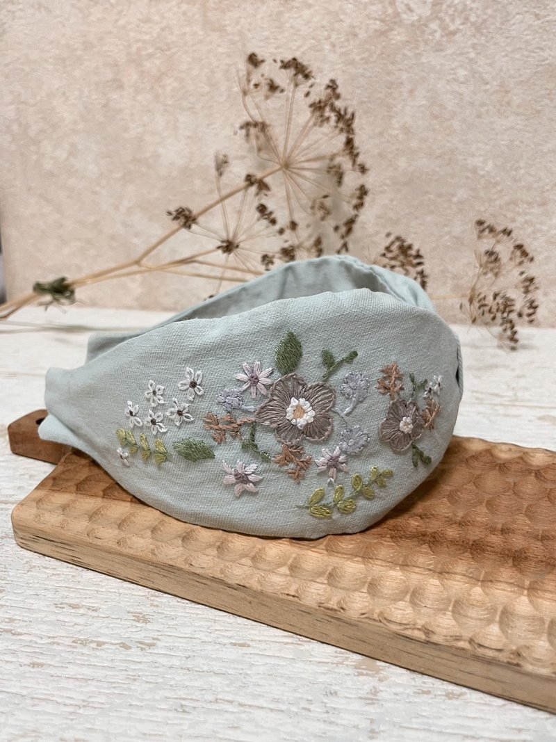 刺绣发箍-繁花(宽灰蓝) - 发饰 - 棉．麻 多色