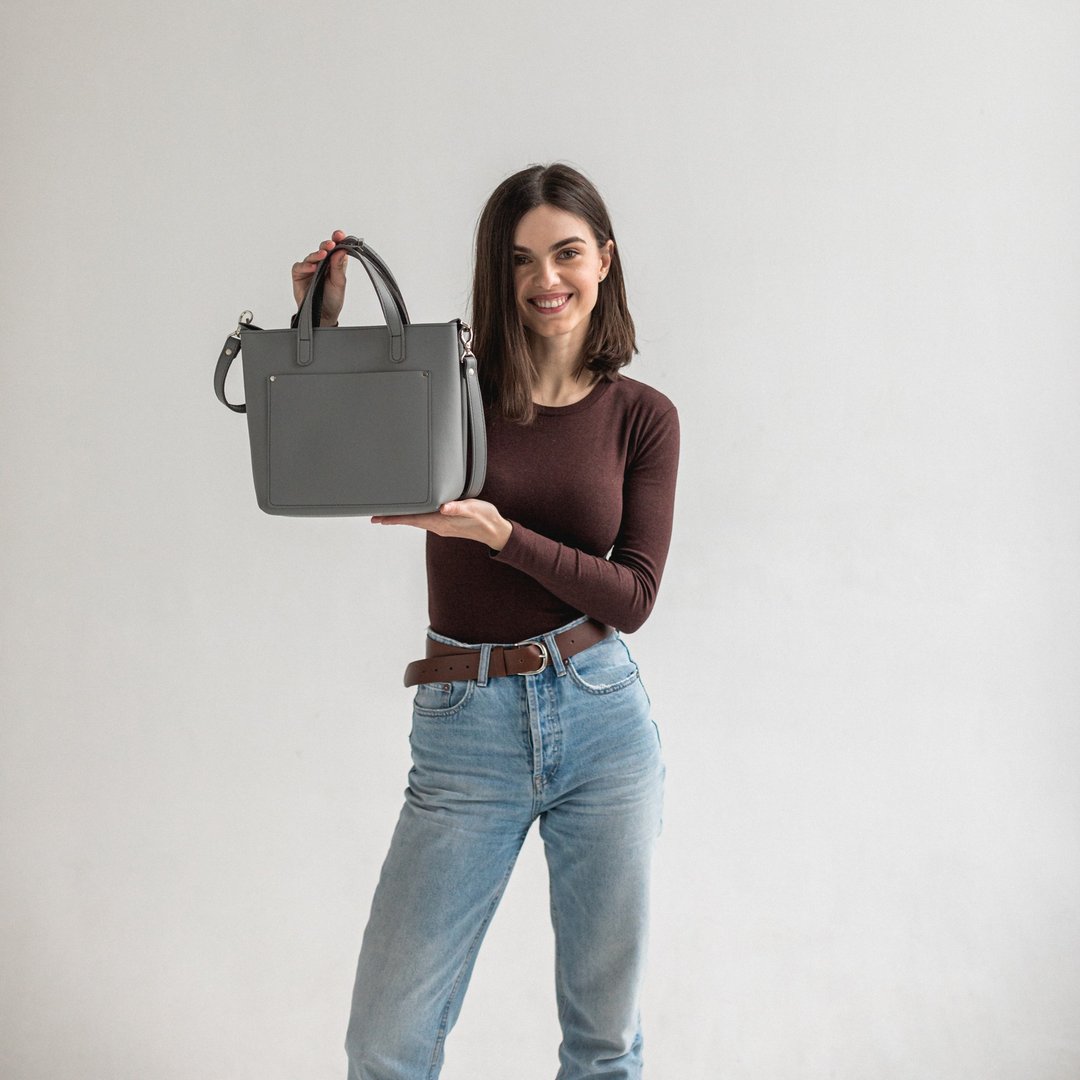 Genuine Handmade Gray Double Face Leather Mini Tote Bag for Women's - 手提包/手提袋 - 真皮 灰色