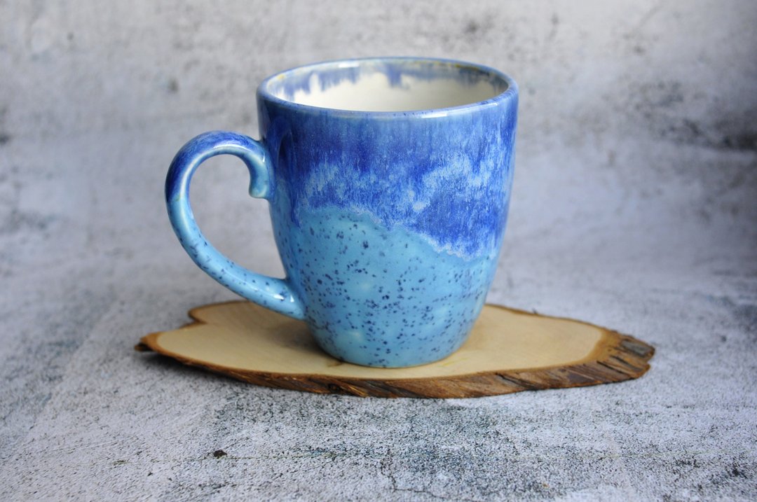 Handmade pottery coffee mug, large drip glaze mug, blue ceramic tea mug for gift - 咖啡杯/马克杯 - 陶 蓝色