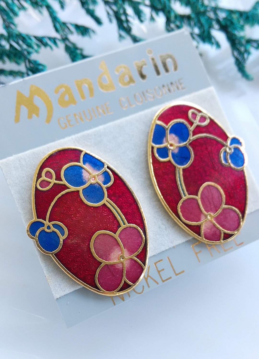 Vintage Jewelry 早期台湾制 景泰蓝 - 红色调 可爱花卉 针式耳环 - 耳环/耳夹 - 其他材质 金色