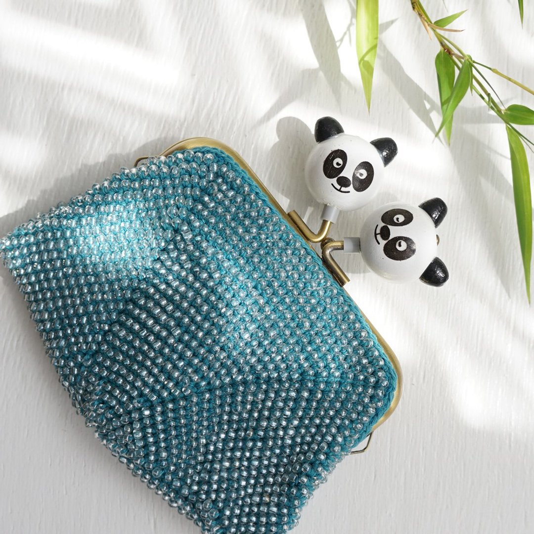 Ba-ba handmade Beads crochet square pouch No.1681 - 皮夹/钱包 - 其他材质 蓝色