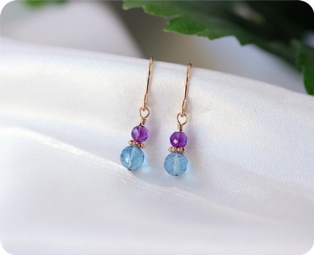 Original Swiss blue topaz and amethyst twin earrings / Clip-On available November / February birthstone - 耳环/耳夹 - 宝石 
