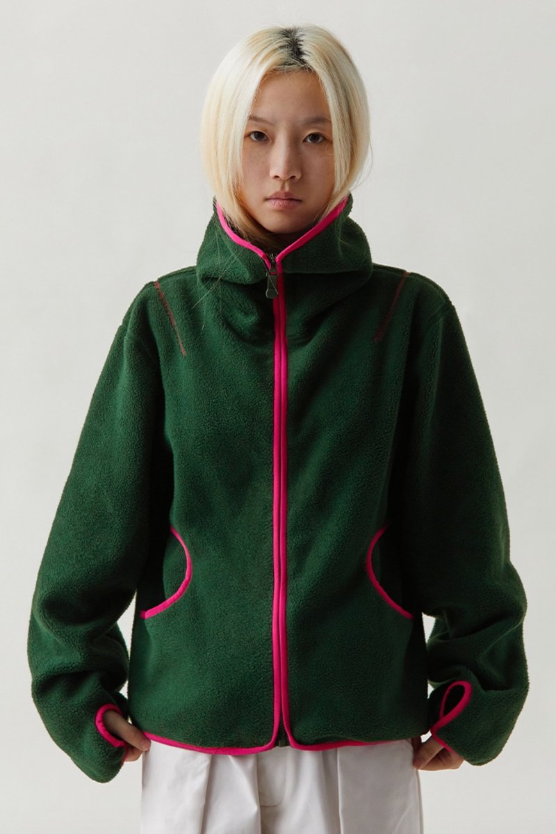 High Collar Fleece 撞色高领摇粒绒復古教練夹克 - 女装上衣 - 其他材质 绿色