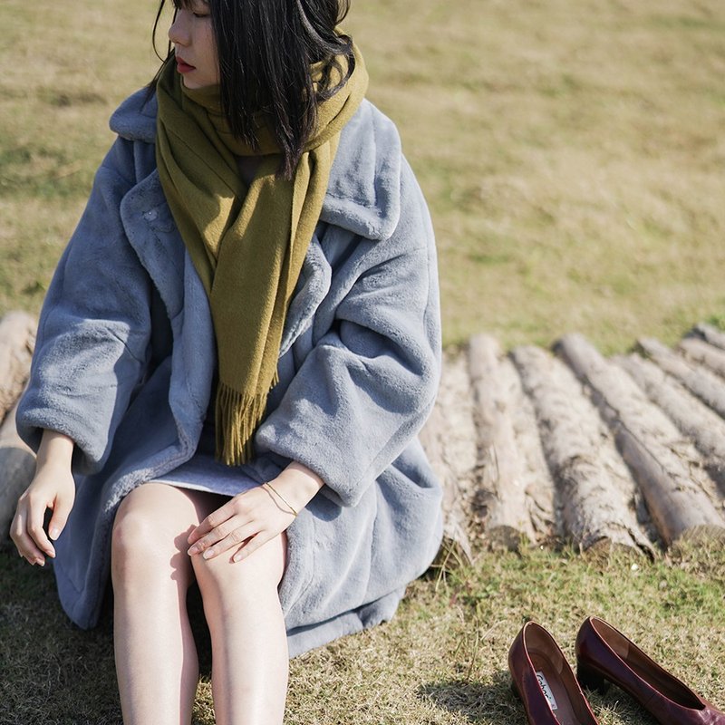 灰蓝色 Teddy大熊超厚超保暖 人造皮毛仿兔毛大衣 Super Oversize翻领中长款外套 格陵兰来的爱斯基摩人 | 番塔塔 vitatha独立设计 - 女装休闲/机能外套 - 聚酯纤维 蓝色