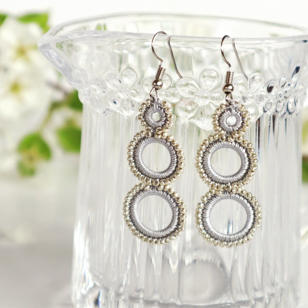 OYA crochet Earrings【RING】Silver - 耳环/耳夹 - 绣线 银色