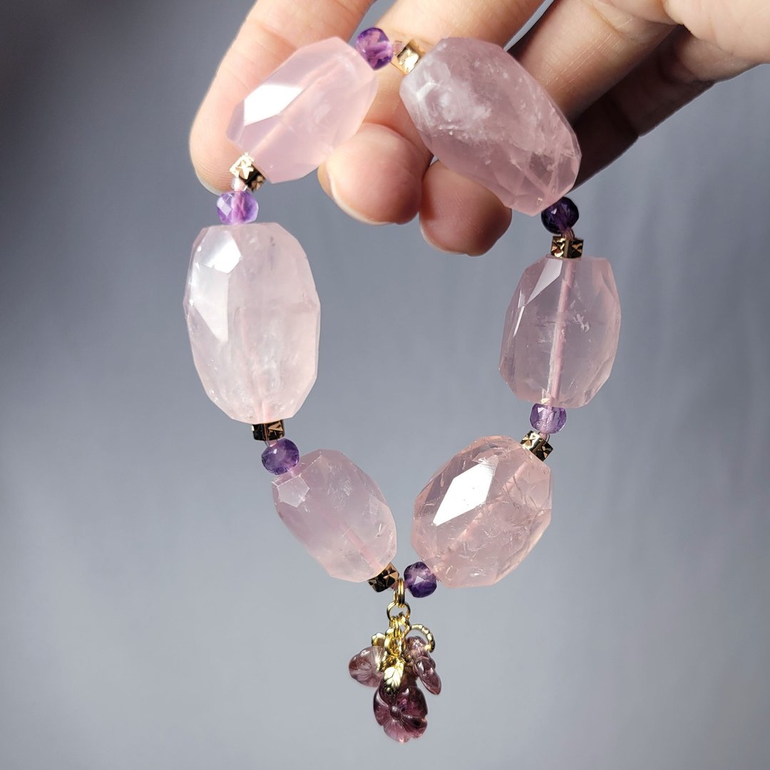 星光粉晶 紫水晶 碧玺 花 智慧 富贵 人缘 大宝石手链 单品 礼物 - 手链/手环 - 宝石 粉红色