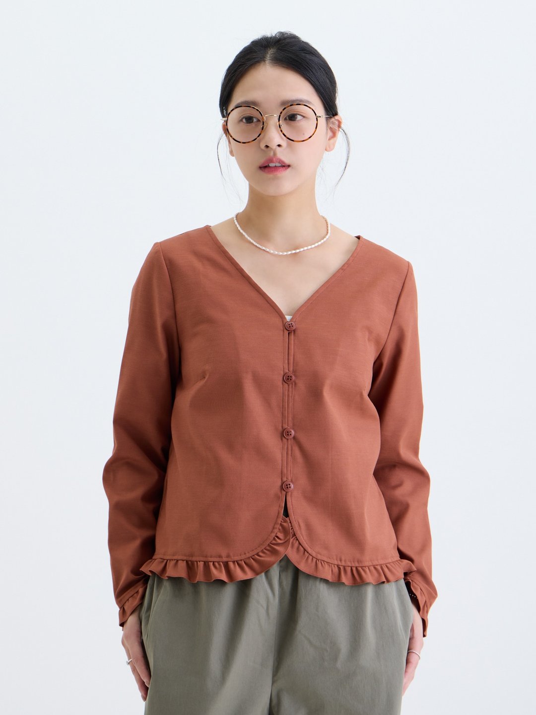 优雅大V领花边外套-砖红 - 女装衬衫 - 聚酯纤维 红色