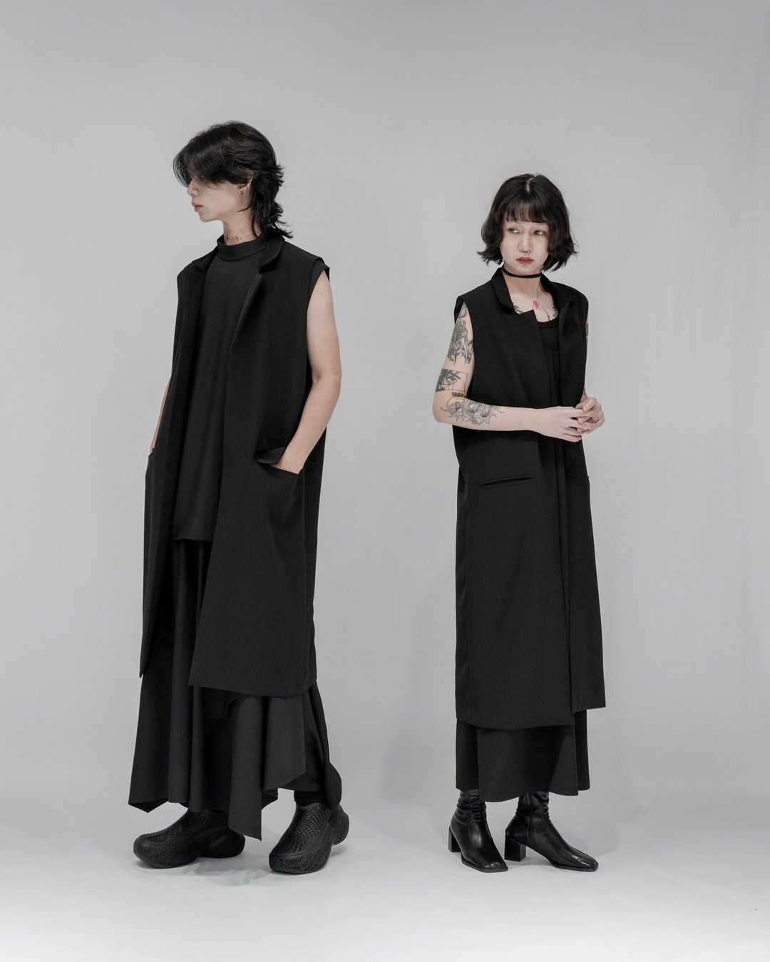 MUKK DESIGN 多变领长版西装背心 - 男装西装外套 - 聚酯纤维 黑色