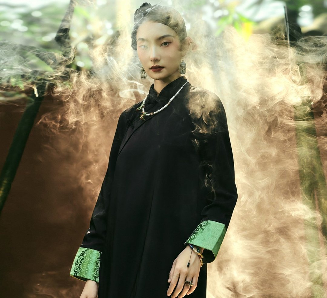 绿松石 新中式中國風藏裝  旗袍茶服正式洋裝 - 洋装/连衣裙 - 其他材质 黑色