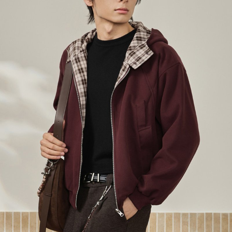 【双面穿格纹】森系复古 拼接结构连帽卫衣/绒感磨毛学院风外套 - 男装外套 - 其他材质 多色