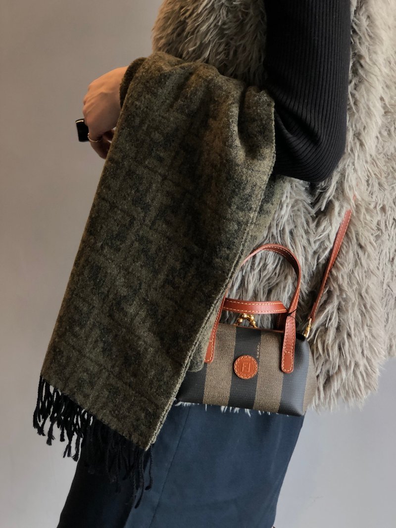 【 日本直送 名牌中古包 】FENDI 芬迪 经典 FF 缇花 围巾 卡其色 羊毛 vintage 古着 6s46dp - 围巾/披肩 - 羊毛 卡其色