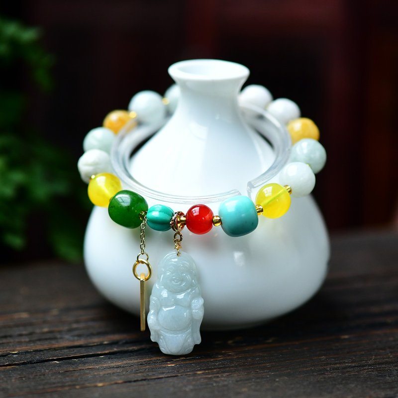 精品天然A货翡翠三彩莲花珠10MM手链 搭配松石蜜蜡玛瑙 颜色漂亮 - 手链/手环 - 玉石 
