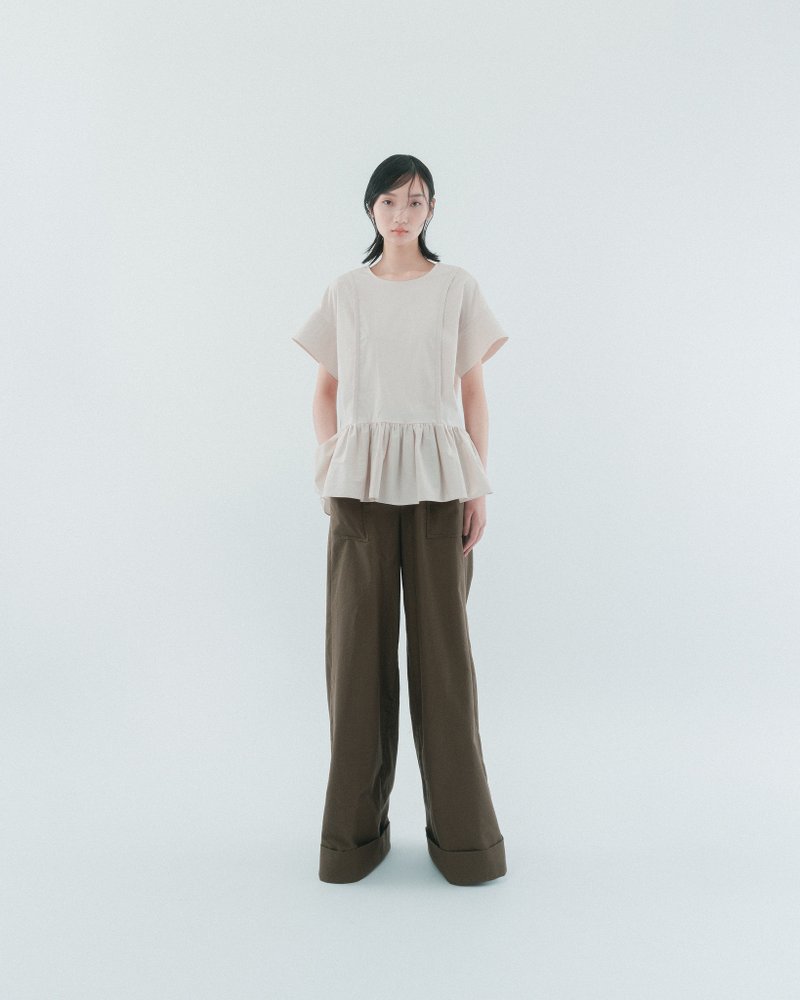 UUIN_卡其下摆抽皱上衣 - 女装上衣 - 棉．麻 白色