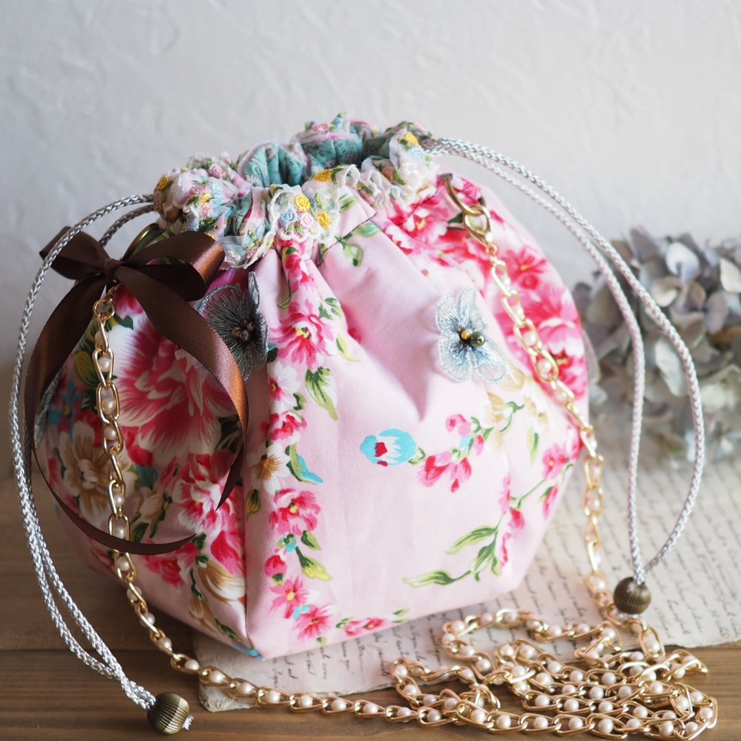 Gorgeous Taiwanese floral 2way drawstring bag (one piece work / free shipping) - 手提包/手提袋 - 棉 粉红色