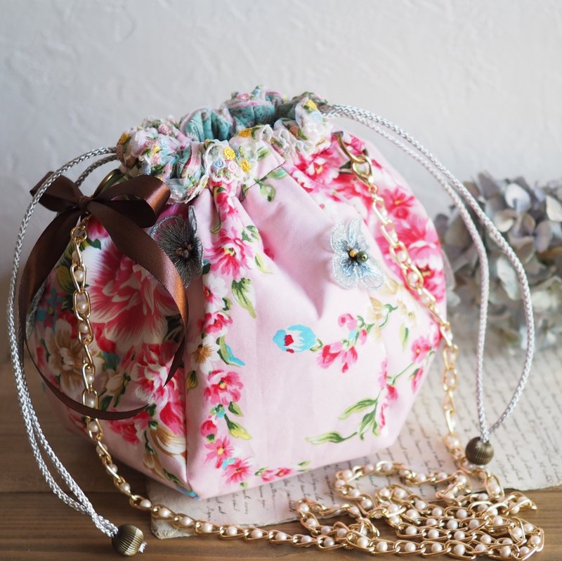 Gorgeous Taiwanese floral 2way drawstring bag (one piece work / free shipping) - 手提包/手提袋 - 棉．麻 粉红色