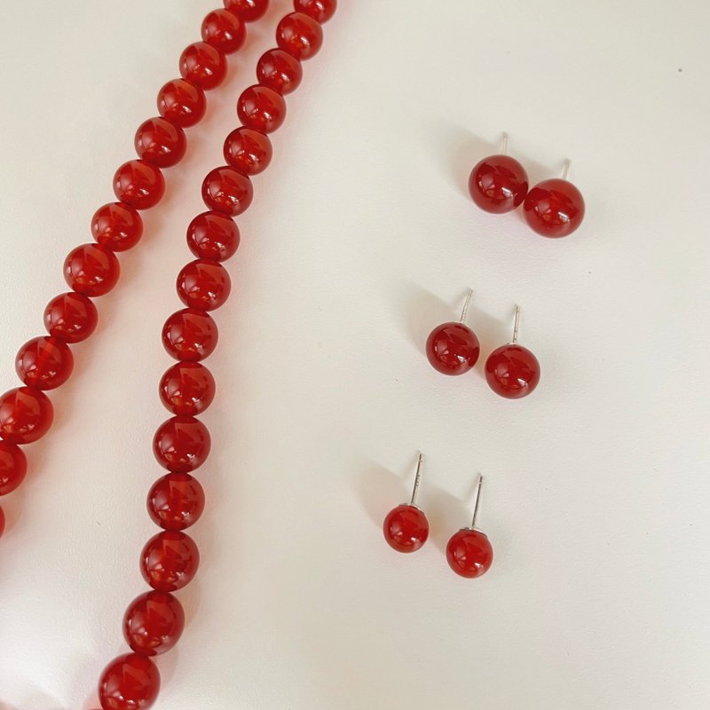 极简 天然红玛瑙纯银耳钉 无耳洞耳夹 - 耳环/耳夹 - 玉石 红色