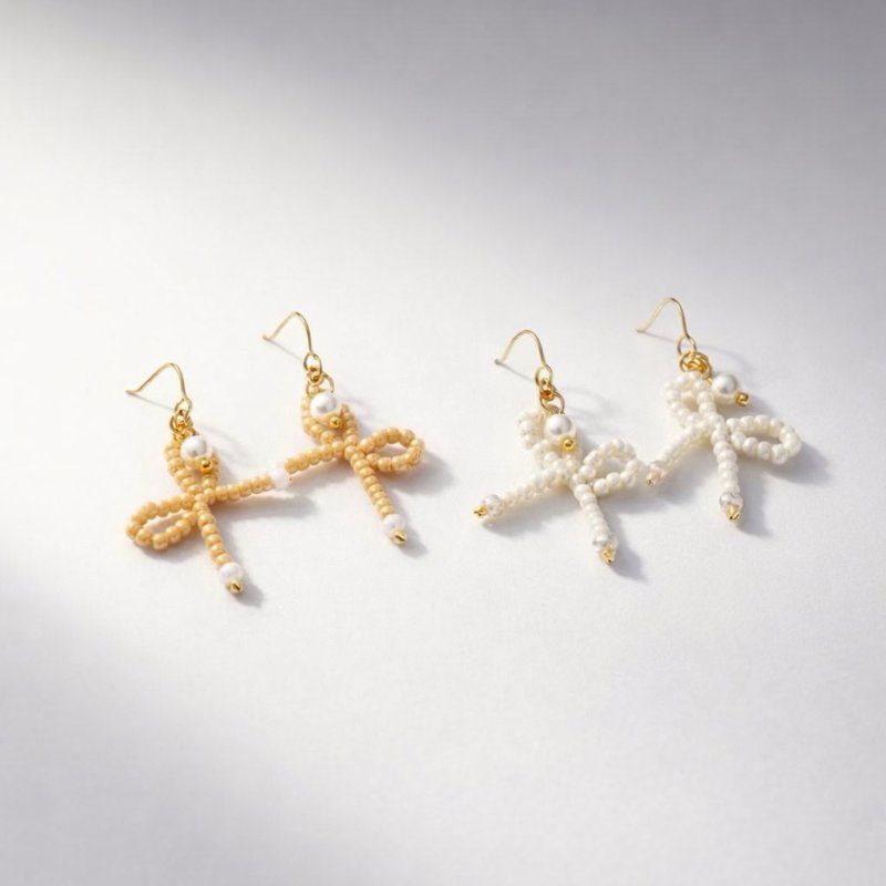 织语 Ribbon 原创蝴蝶结耳环 日本米珠 人造珍珠 气质金耳勾 - 耳环/耳夹 - 其他材质 金色