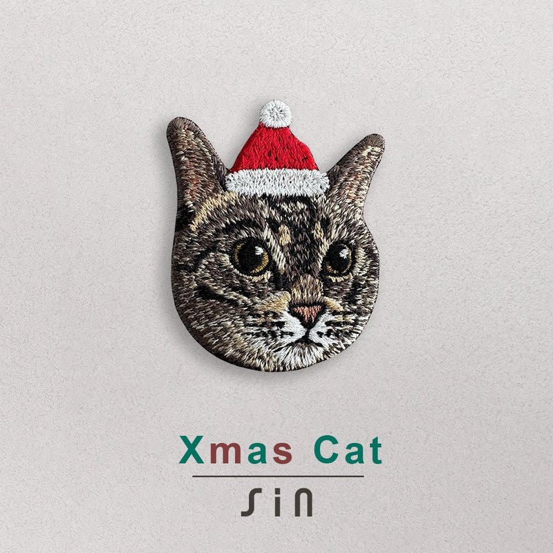 单卡圣诞小猫-刺绣贴纸-大眼虎斑猫(XHC0017) - 贴纸 - 绣线 红色
