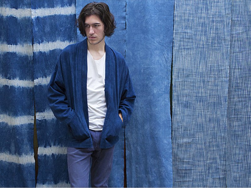 蓝染纯色手织布日系夹克外套 日风oversized男女外套 Kimono夹克 - 男装外套 - 棉．麻 蓝色