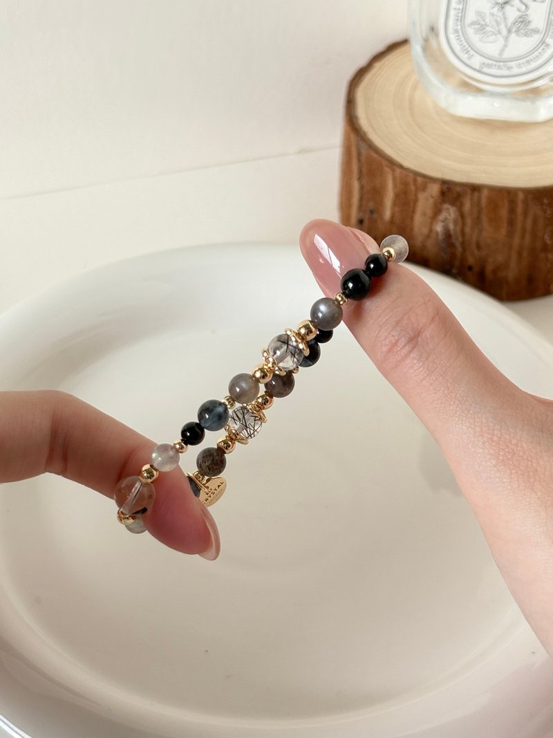 /秋夜/避邪 沟通黑发晶 黑金骨干 魔鬼海蓝宝 黑碧玺 拉长石 闪灵 - 手链/手环 - 水晶 黑色