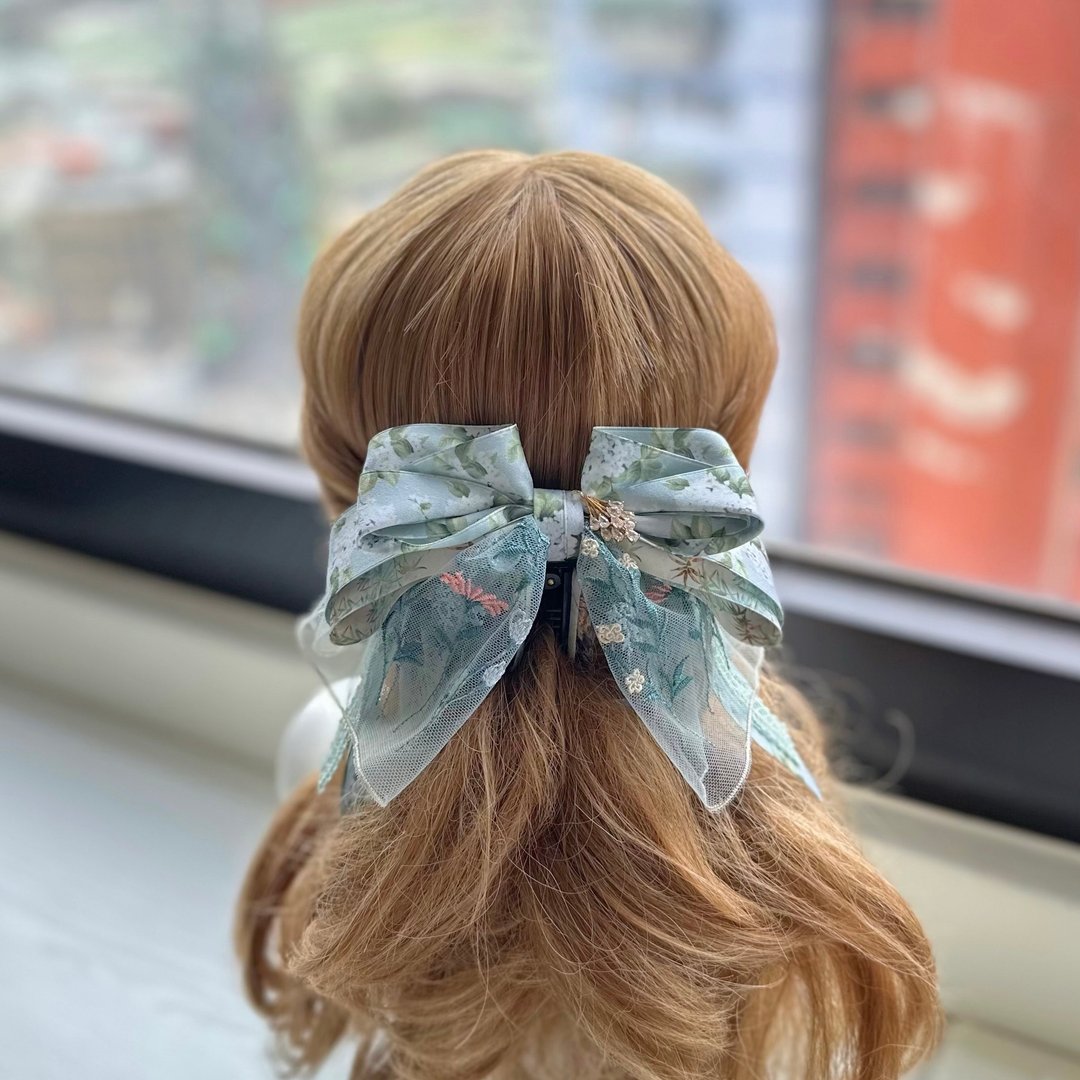 独家蕾丝立体蝴蝶结相交夹香蕉夹仙女夹发夹-草绿色 - 发饰 - 其他材质 绿色
