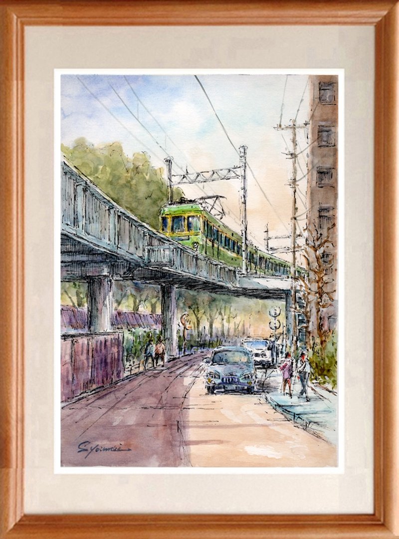 水彩画原画《行驶于江之电高架上的藤泽市》 - 海报/装饰画/版画 - 纸 绿色
