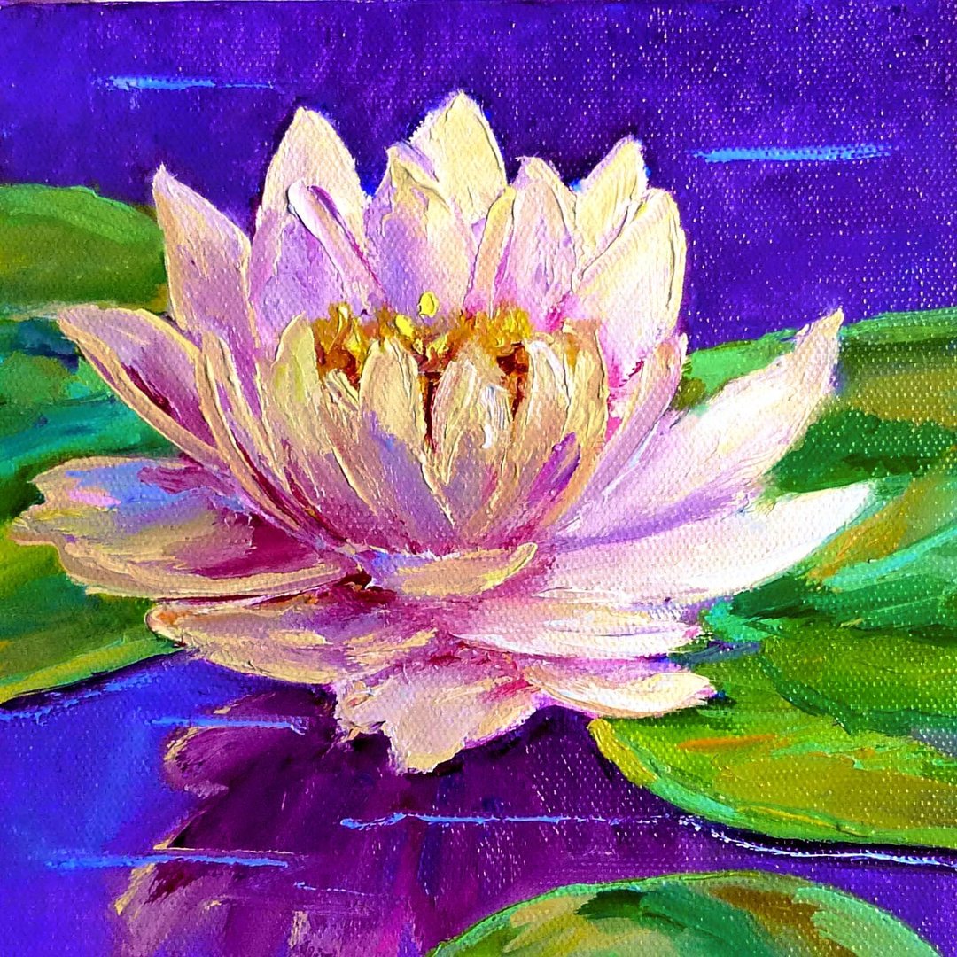 画布上的睡莲油画 - 原创艺术 - 小幅荷花画作 - 墙贴/壁贴 - 棉 粉红色