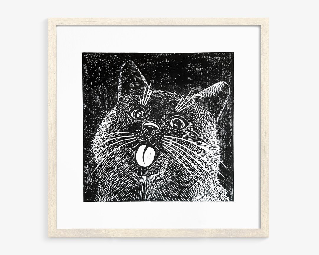 黑色有趣的肖像猫 Linocut 印花原创浮雕艺术品墙艺术装饰 - 海报/装饰画/版画 - 纸 黑色