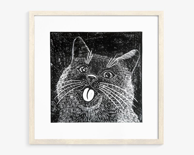 黑色有趣的肖像猫 Linocut 印花原创浮雕艺术品墙艺术装饰 - 海报/装饰画/版画 - 纸 黑色