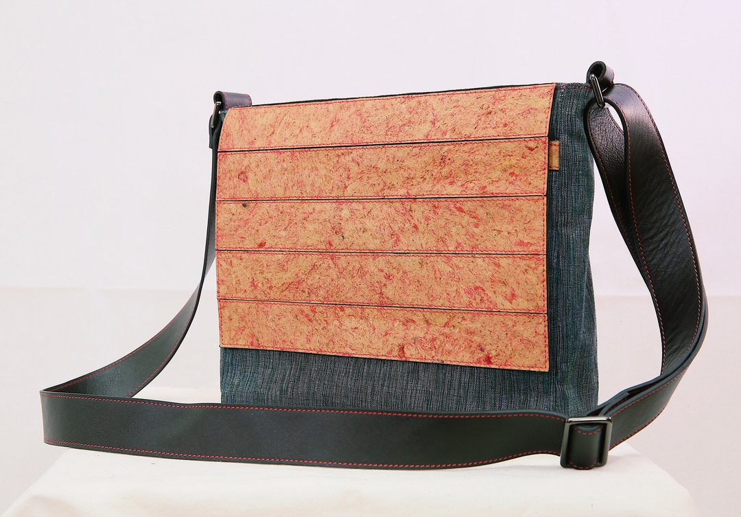 Ecobag, Messenger bag, Recycled leather with local handwoven cotton Thai fabric - 侧背包/斜挎包 - 环保材料 绿色