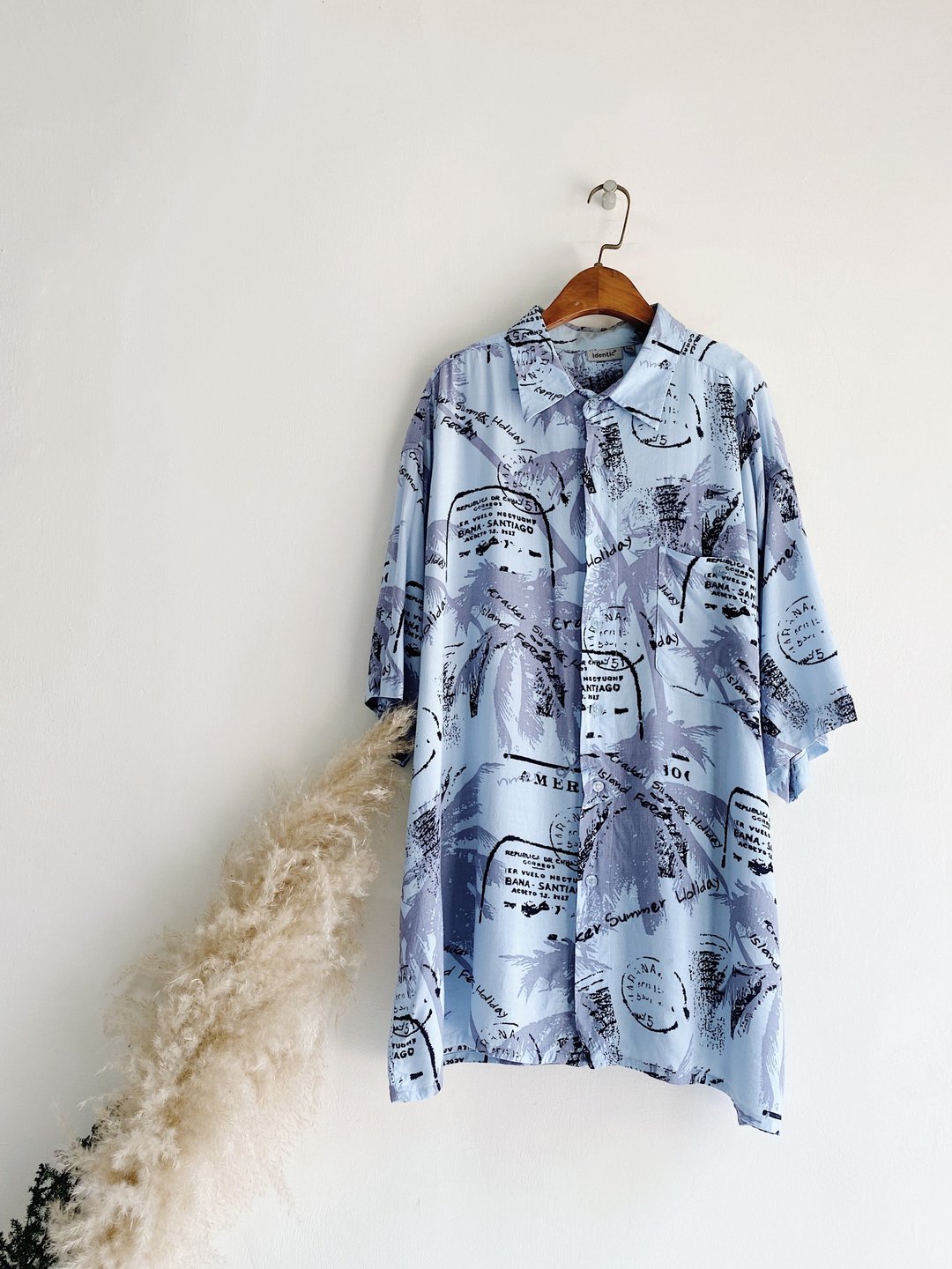 浅蓝浪漫夏季树荫 古着丝质夏威夷衬衫上衣 vintage Aloha Shirt - 男装衬衫 - 丝．绢 蓝色