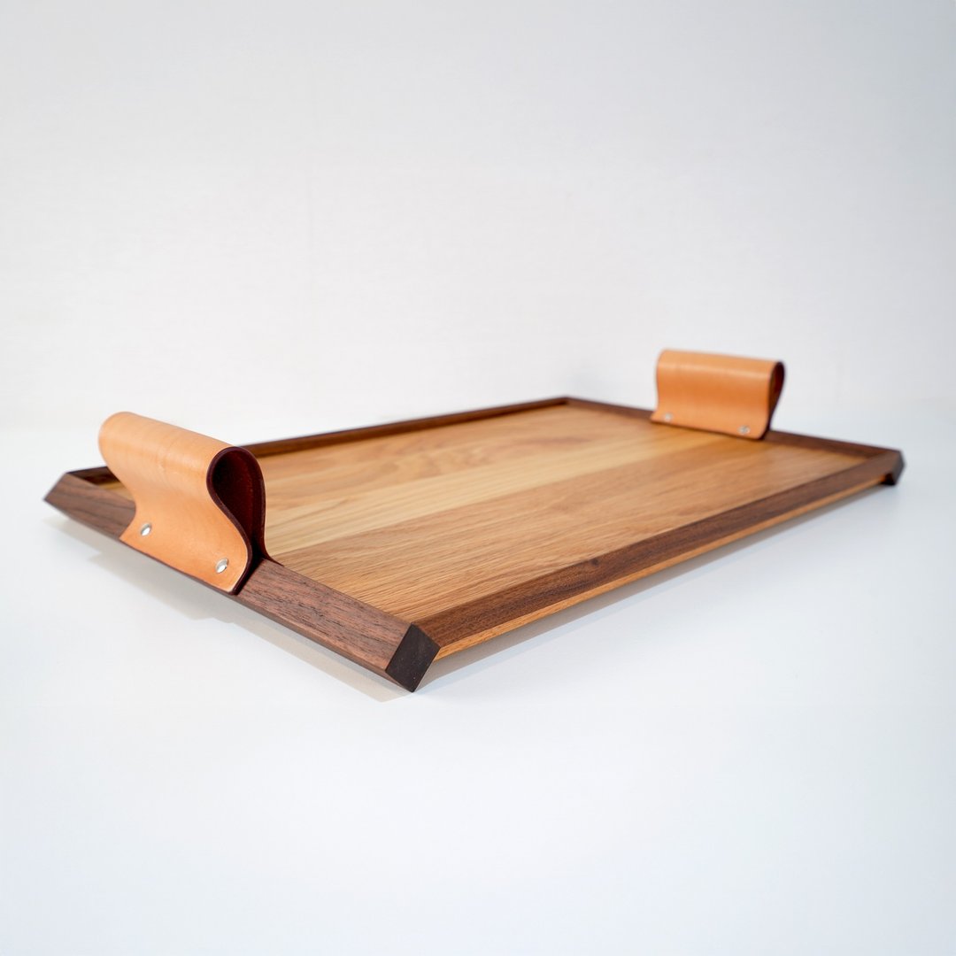 美国Fifty9 Design New York 原木拚色托盘 - 皮革把手 - 盘子/餐盘/盘架 - 木头 咖啡色