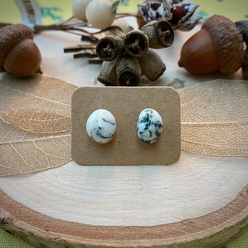 石光-天然矿石耳环-水草玛瑙04 - 耳环/耳夹 - 半宝石 绿色