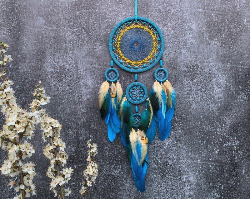 Turquoise Blue Dream Catcher with Feathers - Modern Wall Hanging for Bedroom - 墙贴/壁贴 - 绣线 黑色