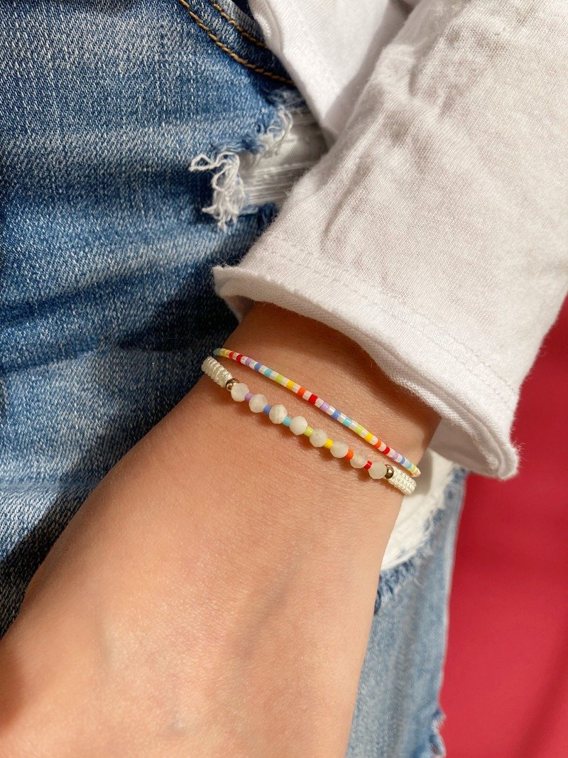 正能量清新可爱彩虹色手链套装  白月光石14k包金珠编织手镯礼物 - 手链/手环 - 其他材质 