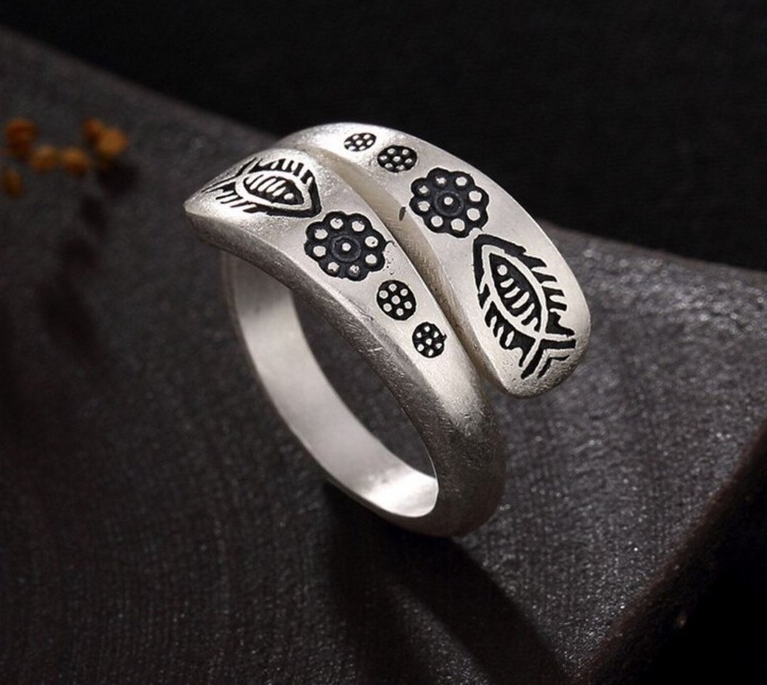 Real 990 Silver Jewelry Engraved Tribe Totem Fishes Flowers Opening Rings Women - 戒指 - 纯银 银色