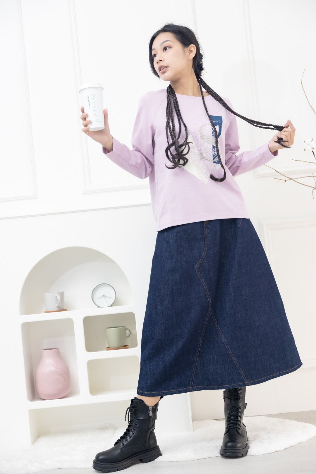 电绣抽象画长袖上衣 藕紫色 - 女装上衣 - 其他材质 紫色