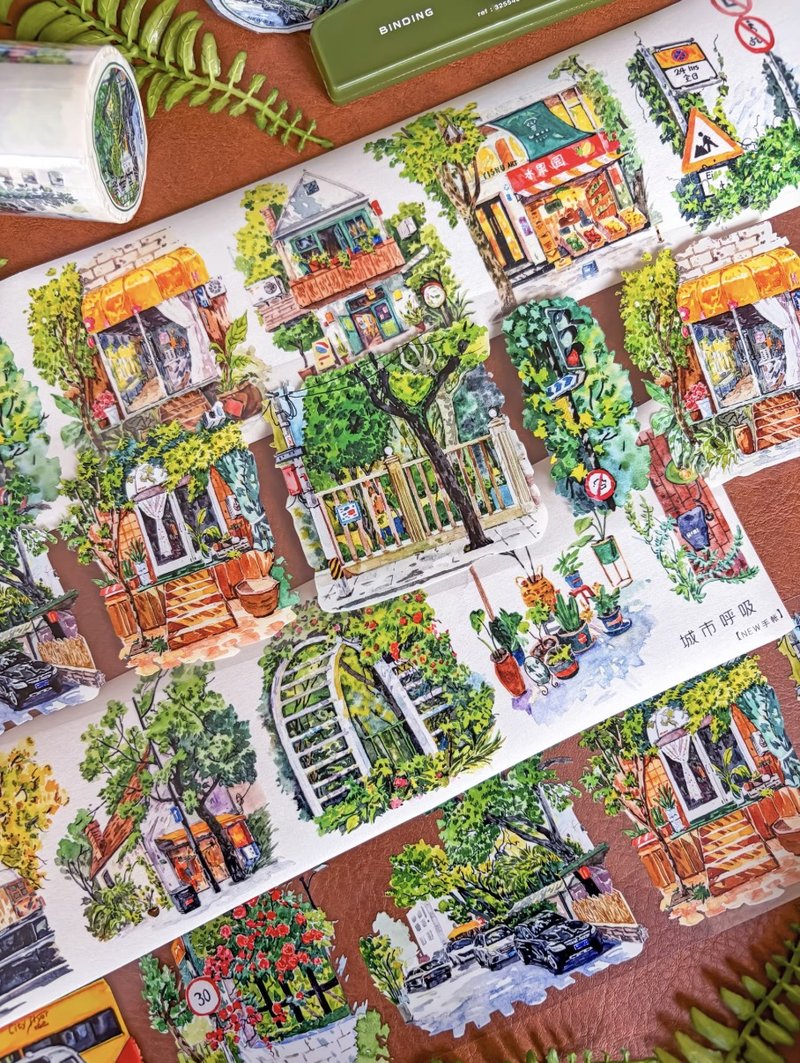城市呼吸 街歩き風景 緑の街並み 水彩 PET 和紙膠帶 - 纸胶带 - 其他材质 多色