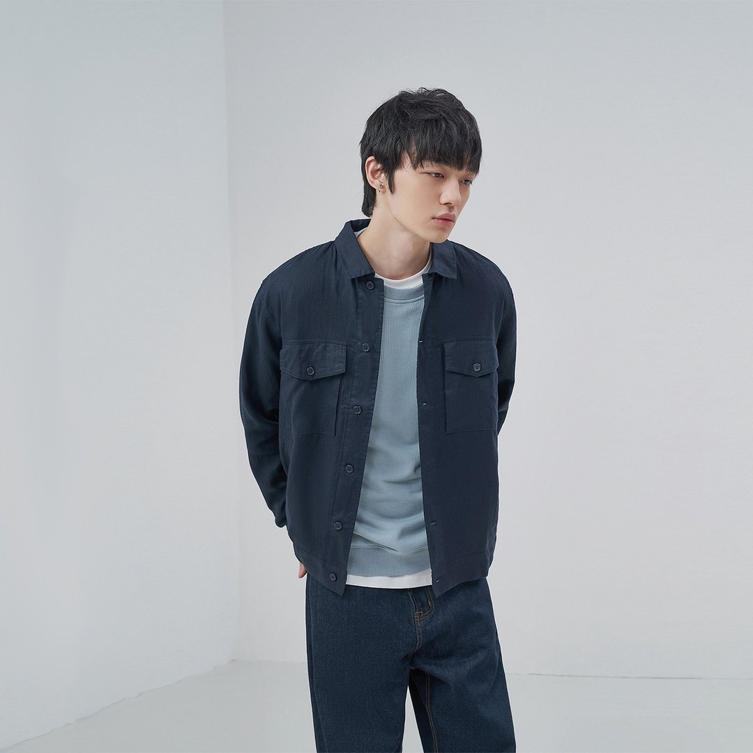 原创设计师款2021早秋亚麻工装外套男休闲百搭上衣 - 男装外套 - 棉 蓝色
