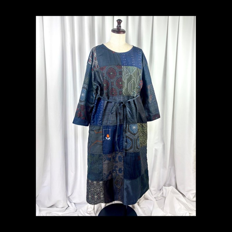 和服 || 大岛䌷 || 洋装 || 可选领口 || 袖长可调 || 订制生产 - 洋装/连衣裙 - 丝．绢 蓝色