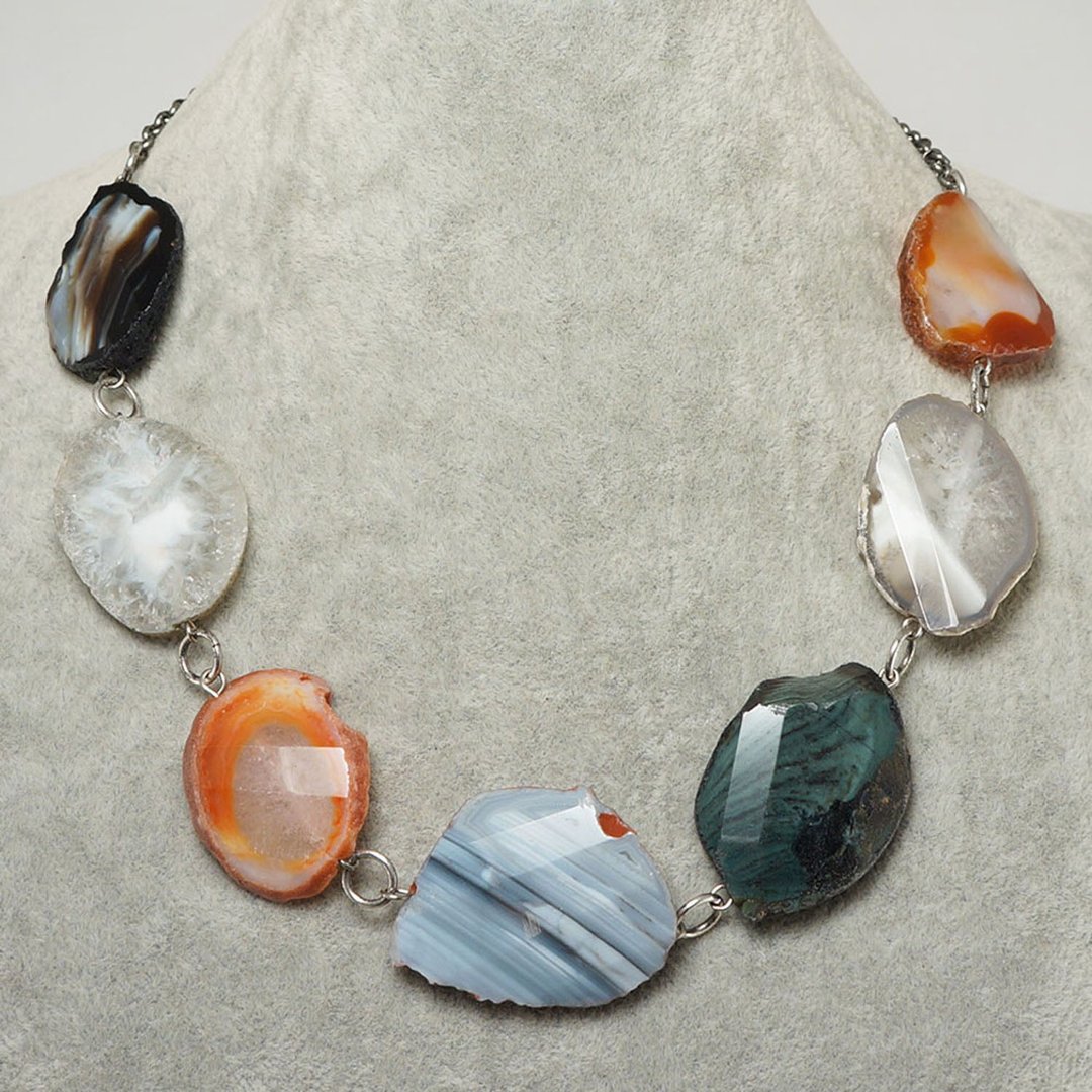 Gray Fire Red Black Agate Slice Slab Chunky Large Beaded Necklace Woman Jewelry - 项链 - 半宝石 灰色