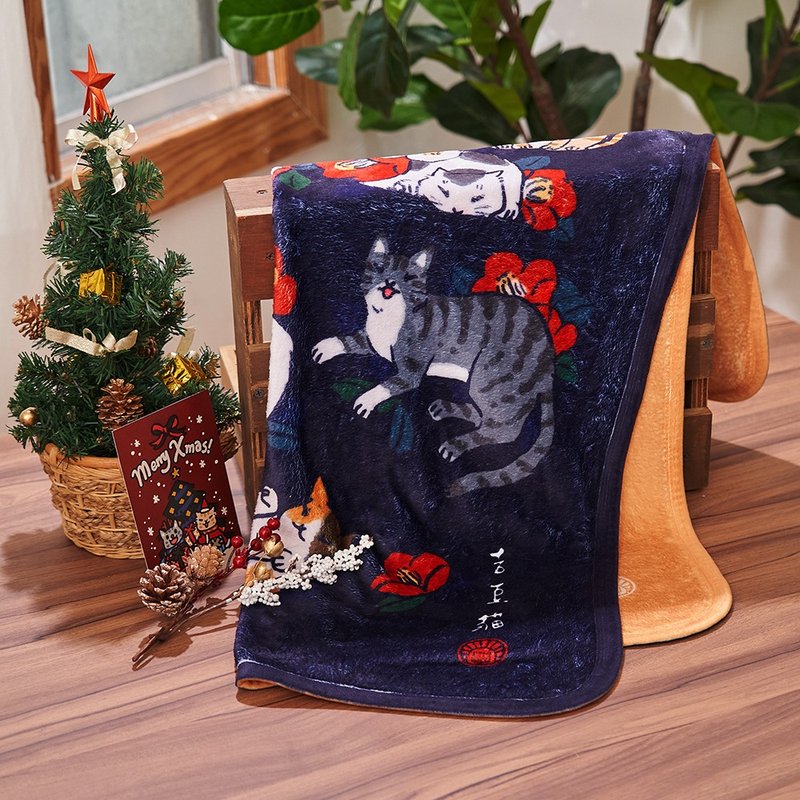 九猫祈福空调毯-椿花 【HitoCat 吉豆猫】情人节礼物 新年礼物 暖 - 被子/毛毯 - 棉．麻 蓝色