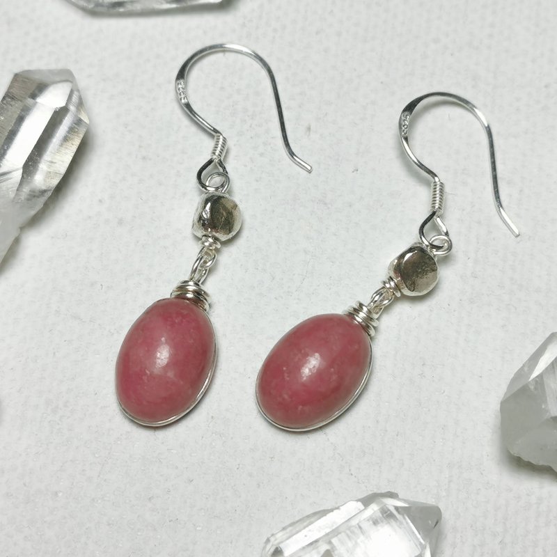 天然玫瑰石/蔷薇辉石纯银耳环/手工制作/925/999 - 耳环/耳夹 - 宝石 粉红色