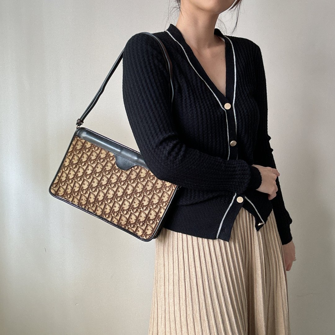中古 Christian Dior Oblique 手拿包 单肩包 - 侧背包/斜挎包 - 真皮 咖啡色