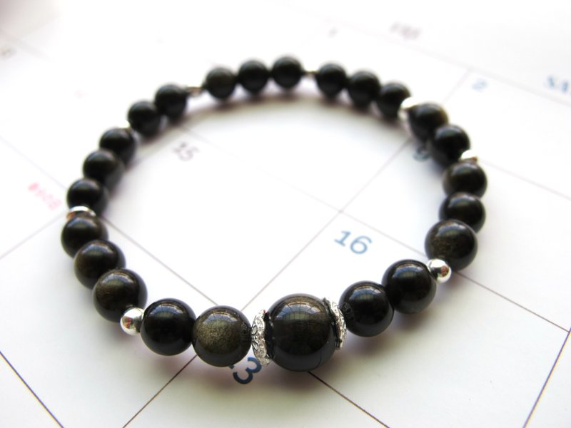 金曜石 925纯银饰【黑色星球】金眼黑曜石 防小人 避邪 招财 - 手链/手环 - 水晶 黑色