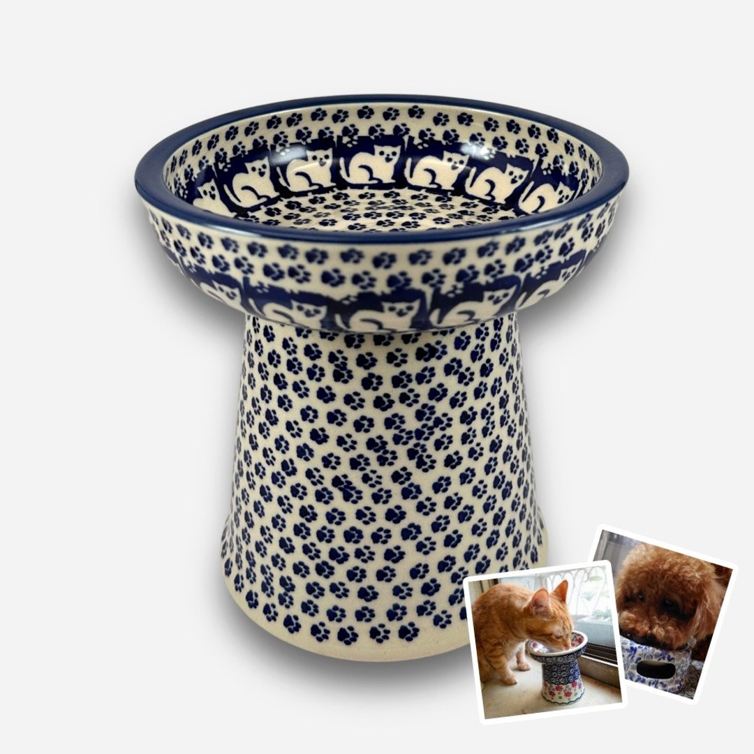 波兰手绘手工陶-宠物碗 高脚碗 猫咪/小型犬适用 14cm - 碗/碗架 - 陶 蓝色